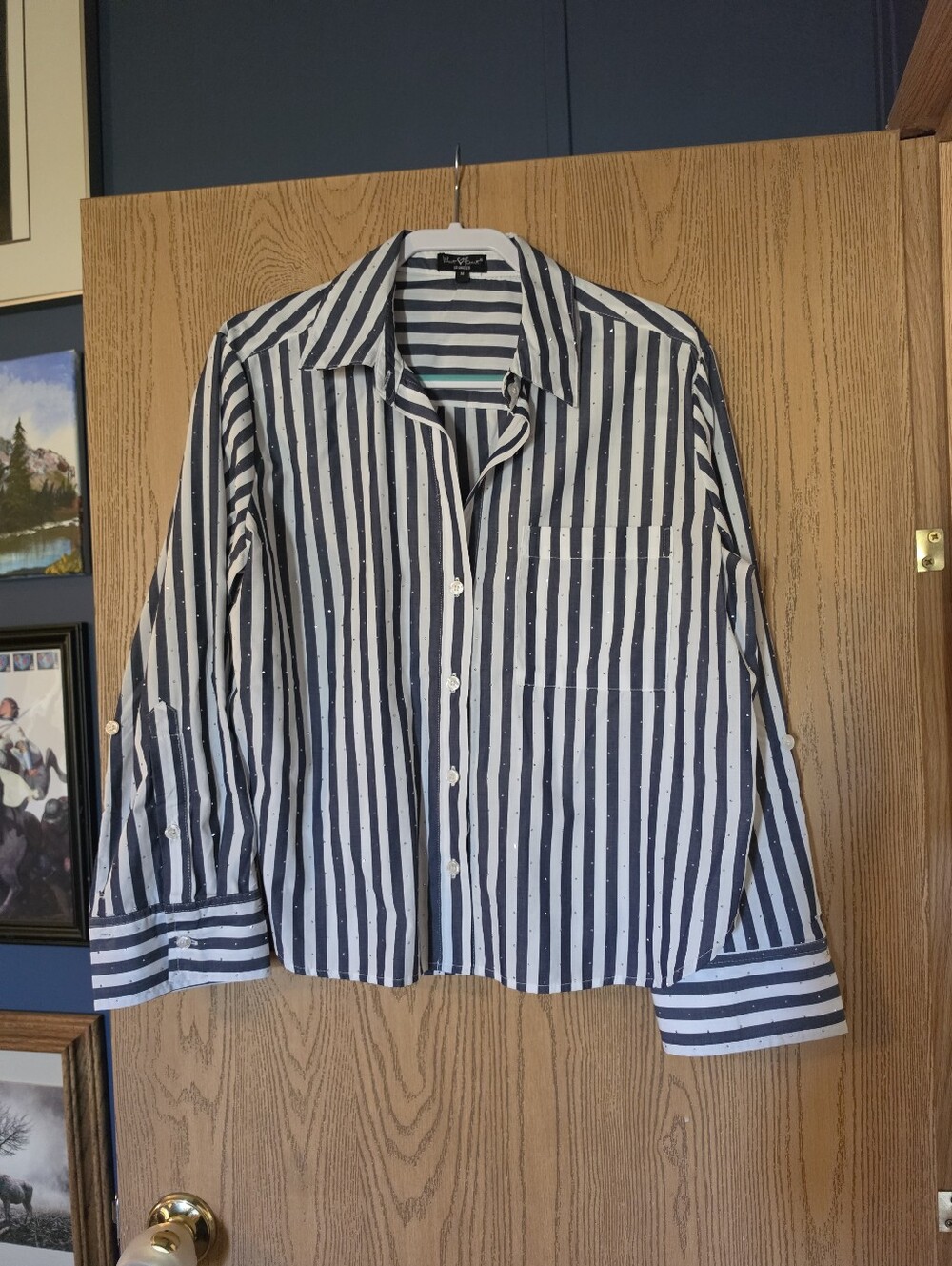 Velvet Heart Rhinestone Vertical Stripe Button Up Longsleeve Collared Shirt - M